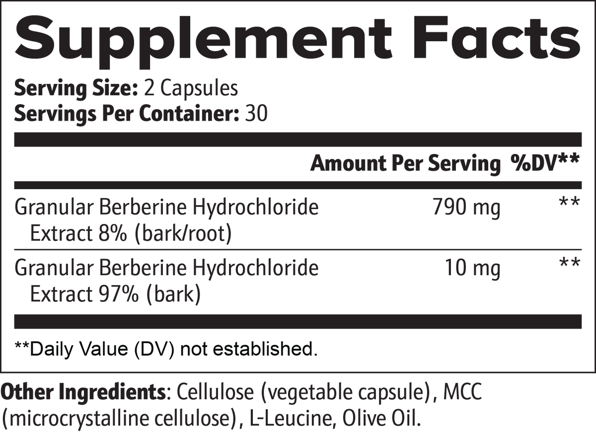Supplement Facts label for a berberine supplement, black-and-white table listing serving size and ingredient amounts on a dark background.