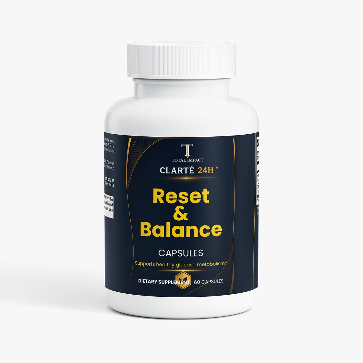 White plastic berberine supplement bottle with a navy label, gold trim, and bold yellow Reset & Balance lettering.
