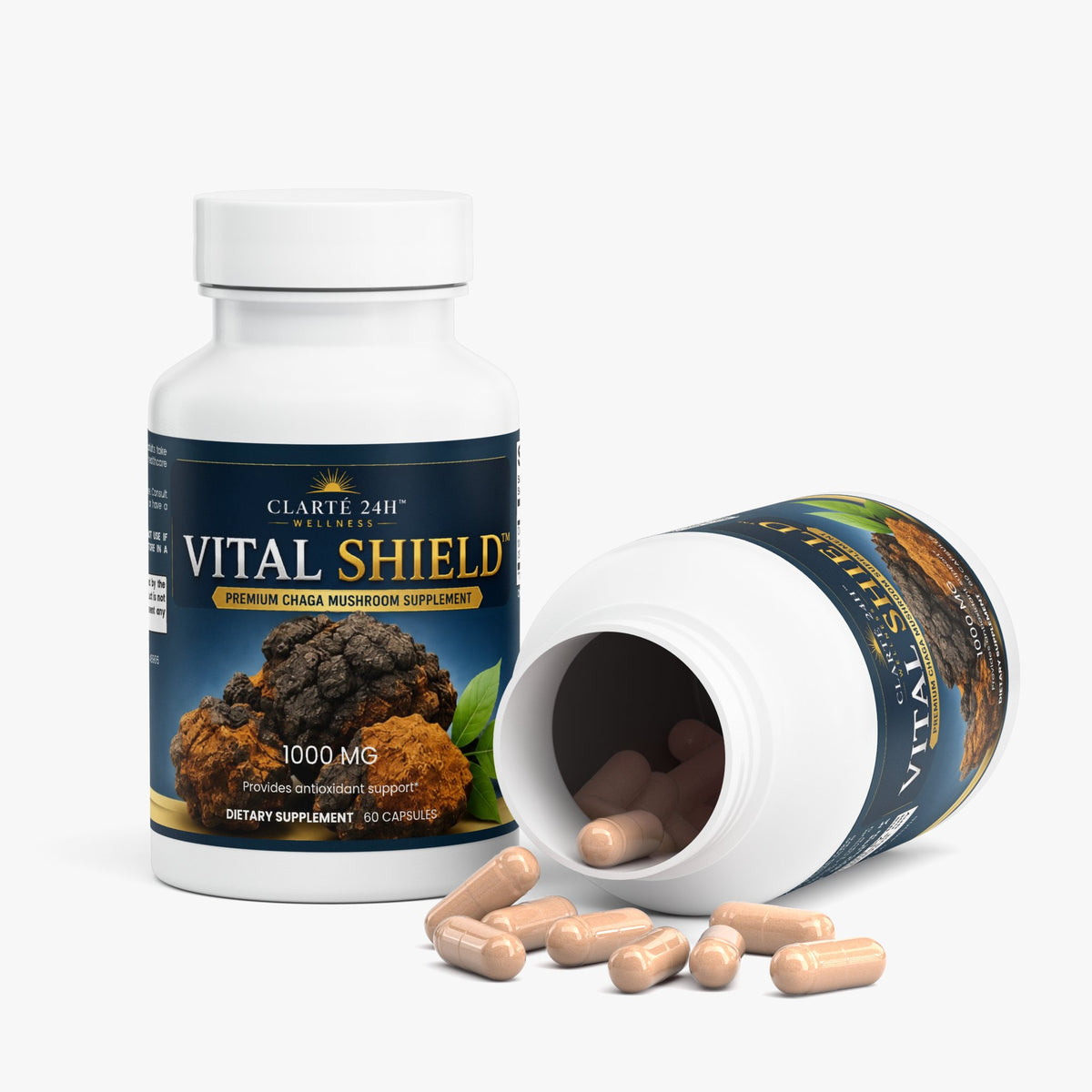 Chaga mushroom capsules with supplement bottle