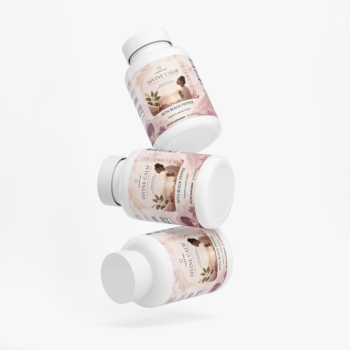 Clarté 24h supplement bottle with white plastic cap and pale pink floral label featuring Divine Calm branding and botanical artwork.