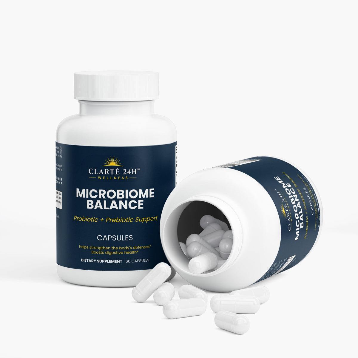 Clarté 24h probiotic supplement bottle and capsules