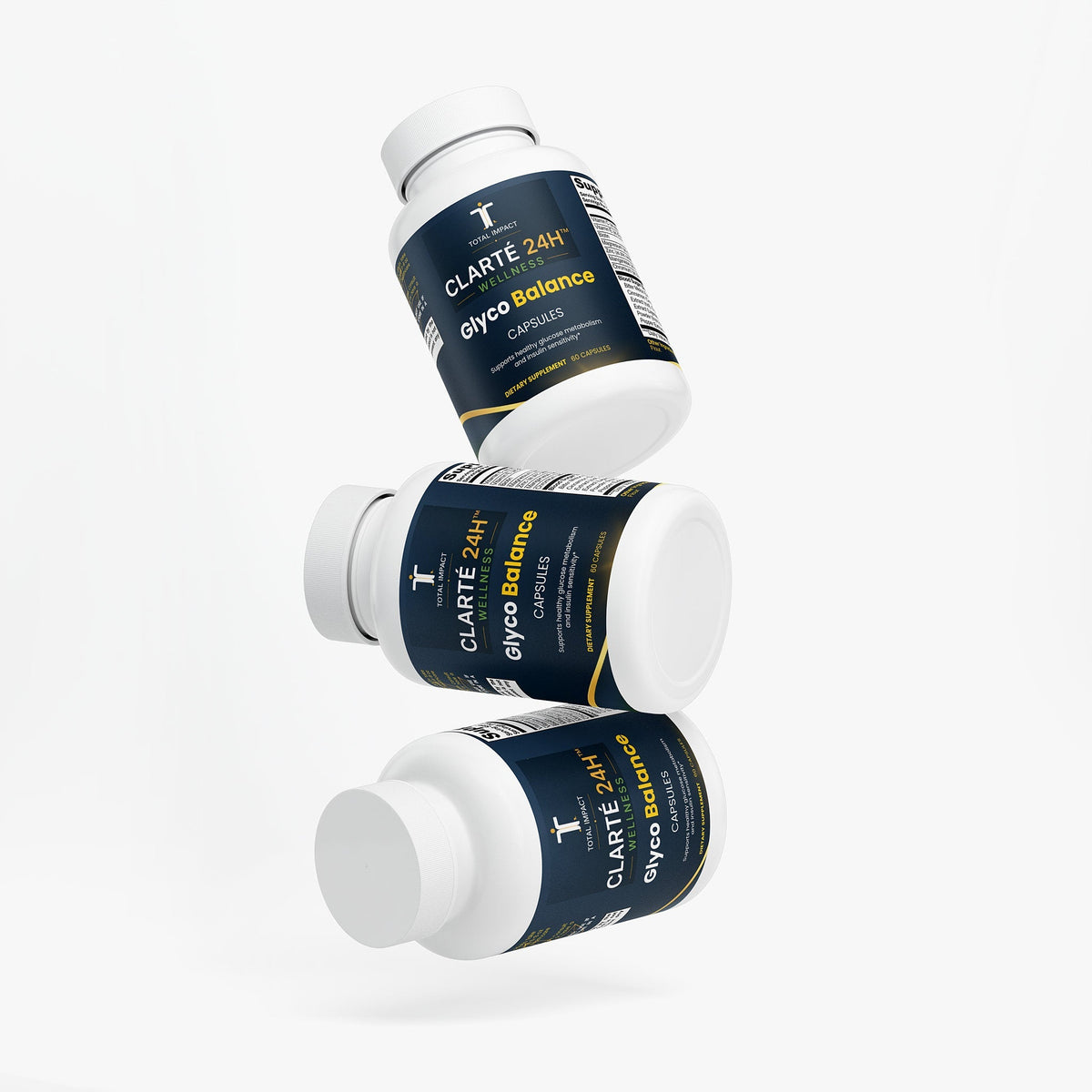 Clarté 24h™ Glyco Balance supplement bottles stacked together